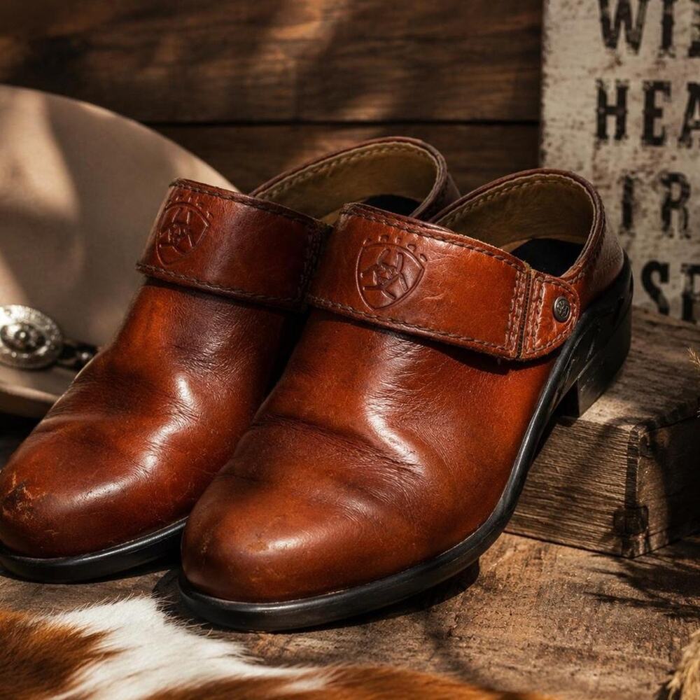 Ariat Brown Leather Mule Clogs Sz 7.5 Western Cottagecore Slip Ons